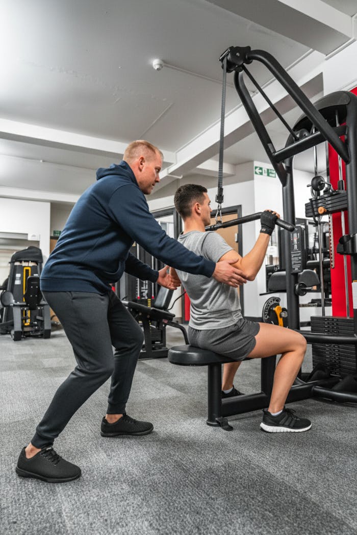 A personal trainer guides a client during a gym workout, focusing on strength training using a machine.